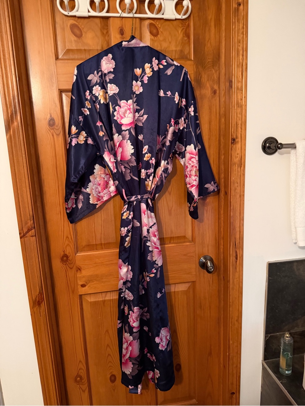 La Vie En Rose Navy Floral Satin Robe with Pink Flowers